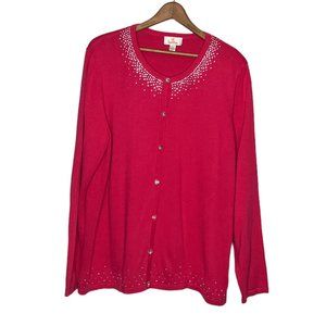 Quacker Factory Large L Hot Pink Rhinestone‎ Bling Embellished Cardigan Sweater